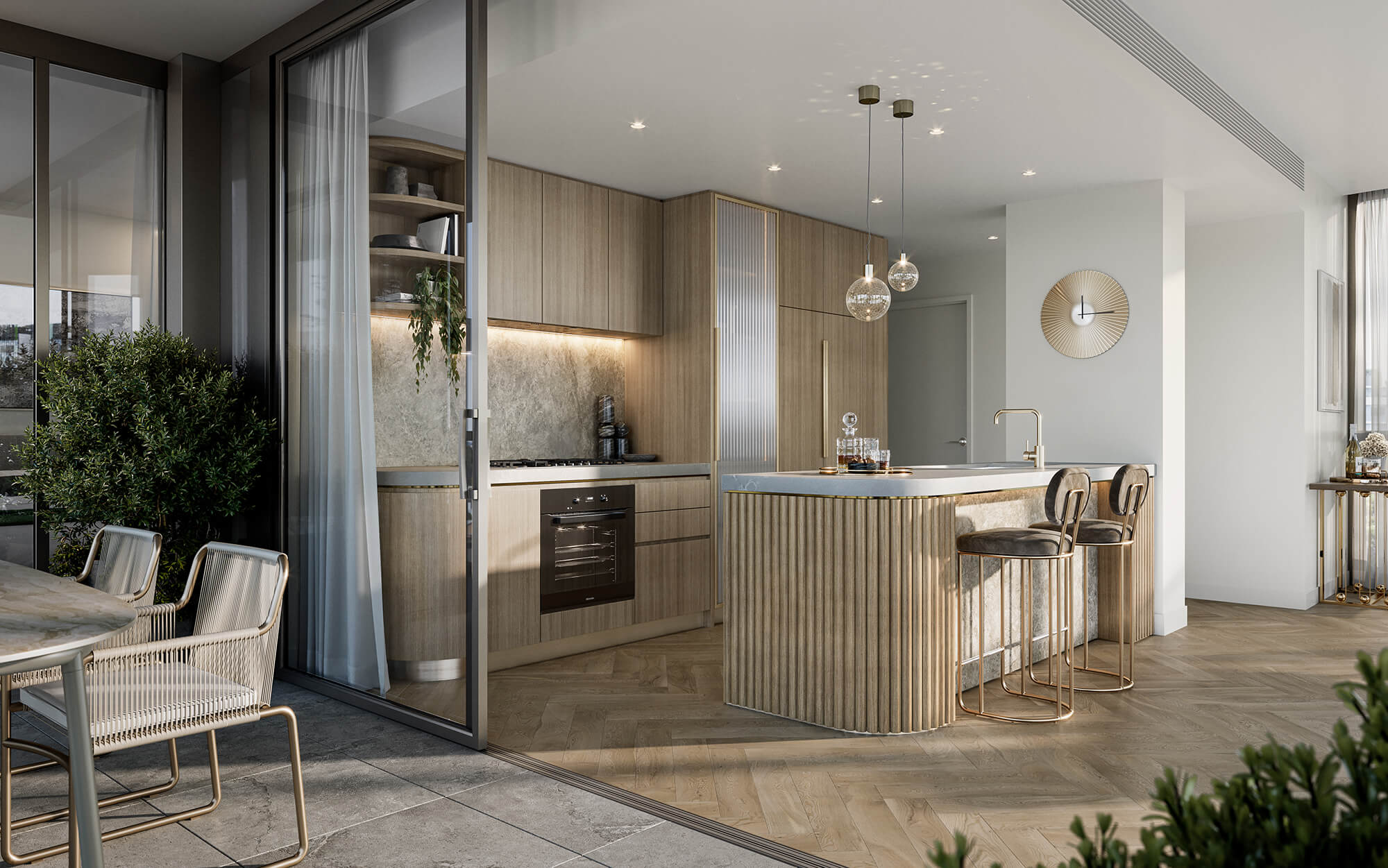 a kitchen with a bar and chairs